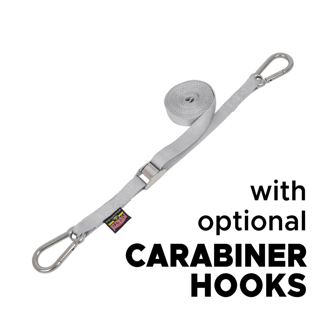 1in Stainless Steel Cam Buckle Straps with Stainless Carabiner Hooks for boats, marine and cargo#color_silver