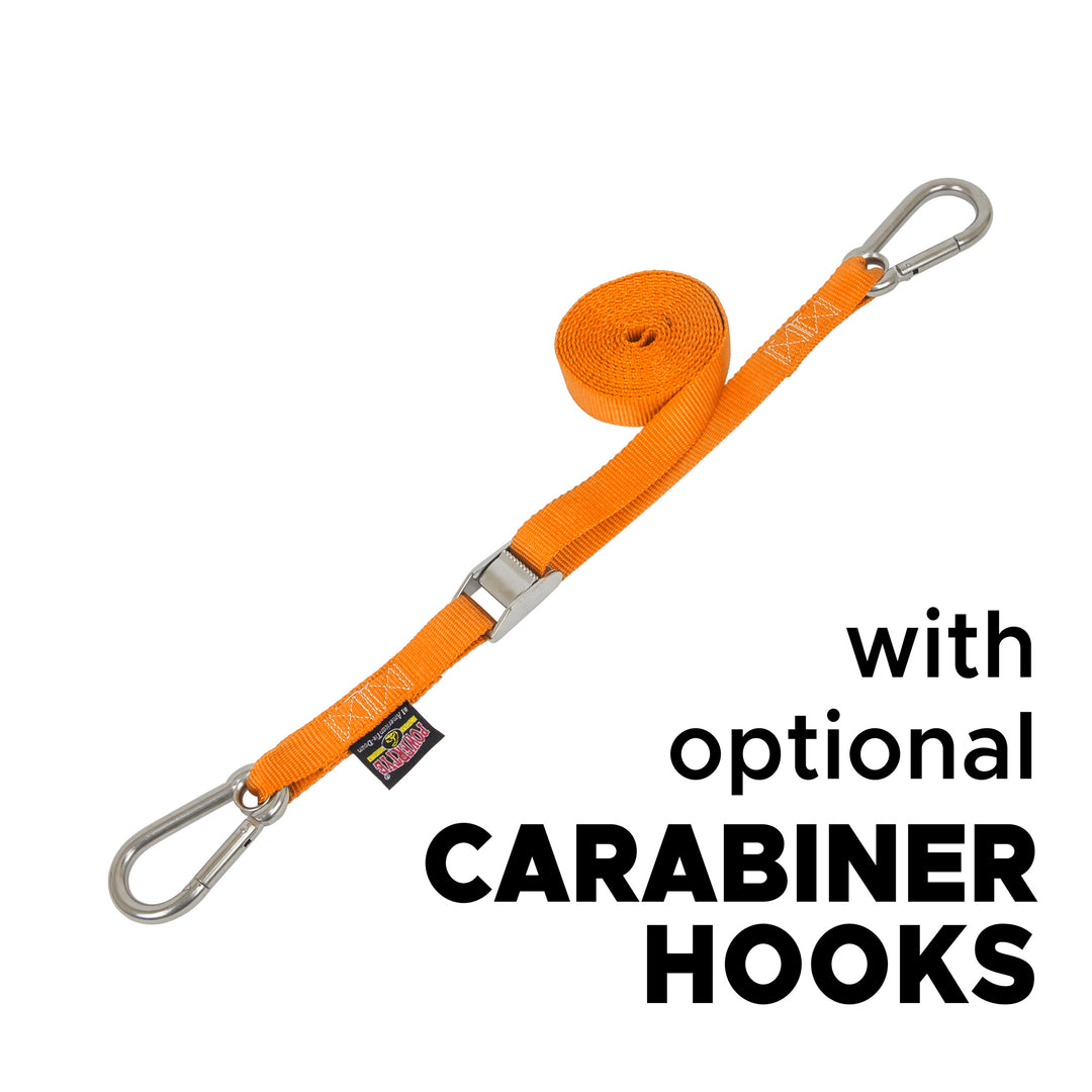 1in Stainless Steel Cam Buckle Straps with Stainless Carabiner Hooks for boats, marine and cargo#color_orange