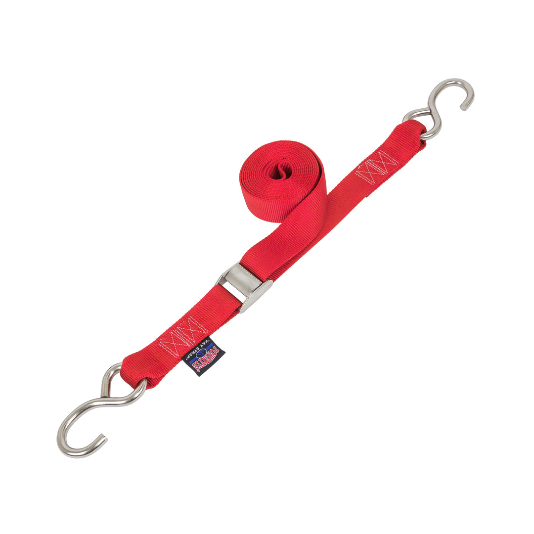 1.5in Stainless Steel Cam Buckle Straps with stainless s-hooks for boats, marine and cargo#color_red