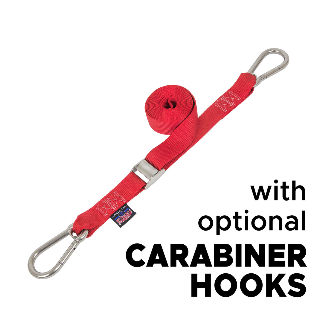 1.5in Stainless Steel Cam Buckle Straps with Stainless Carabiner Hooks for boats, marine and cargo#color_red