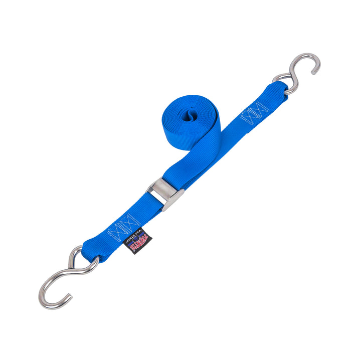 1.5in Stainless Steel Cam Buckle Straps with stainless s-hooks for boats, marine and cargo#color_blue