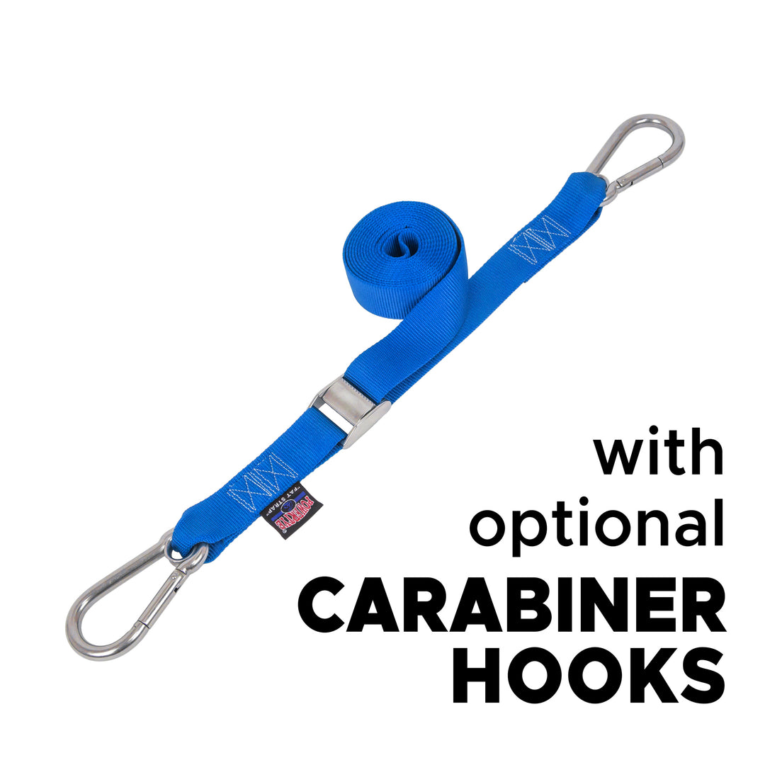 1.5in Stainless Steel Cam Buckle Straps with Stainless Carabiner Hooks for boats, marine and cargo#color_blue