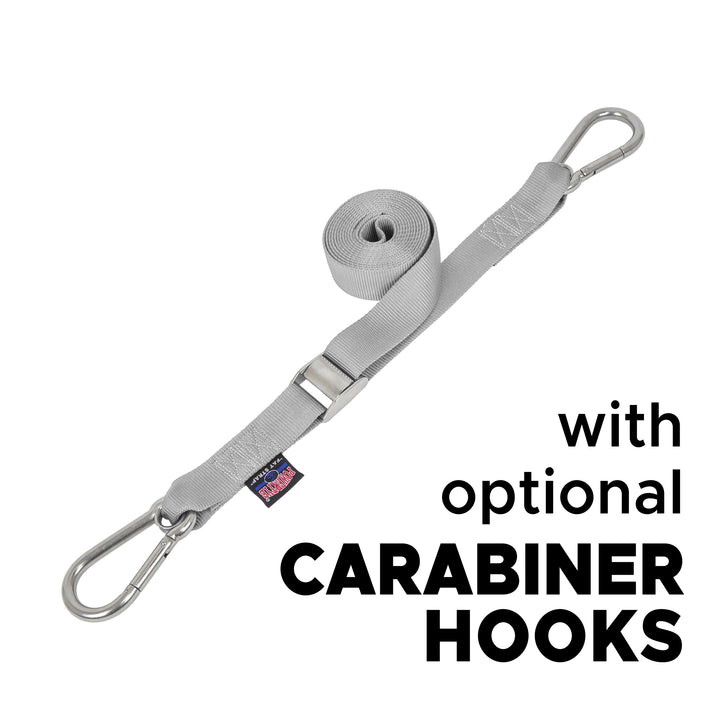 1.5in Stainless Steel Cam Buckle Straps with Stainless Carabiner Hooks for boats, marine and cargo#color_silver