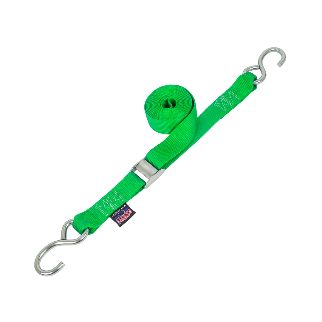 1.5in Stainless Steel Cam Buckle Straps with stainless s-hooks for boats, marine and cargo#color_green