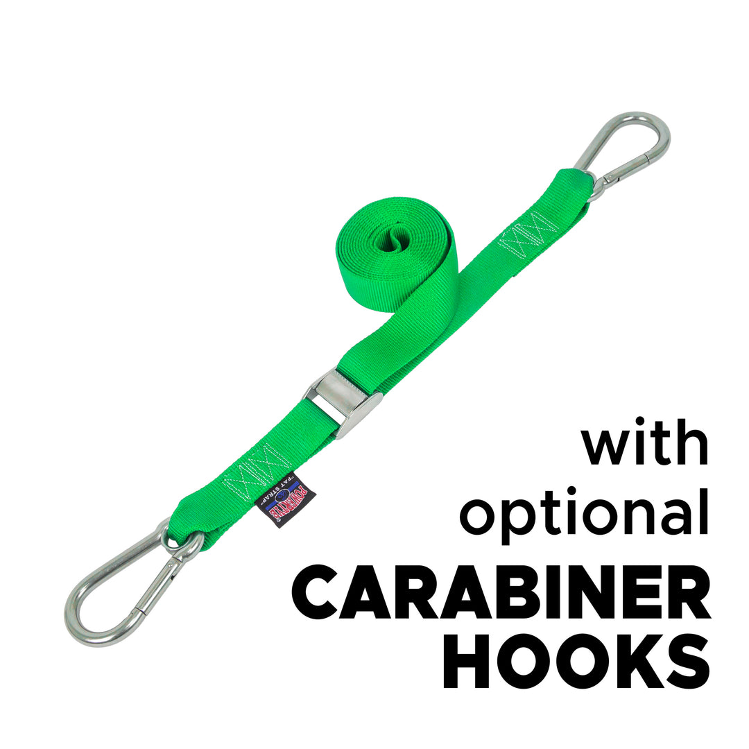 1.5in Stainless Steel Cam Buckle Straps with Stainless Carabiner Hooks for boats, marine and cargo#color_green