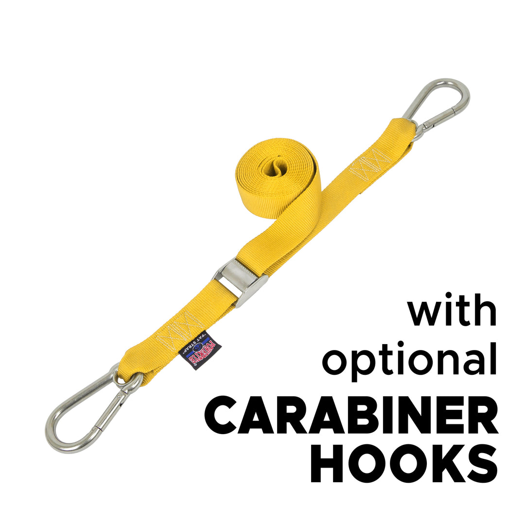 1.5in Stainless Steel Cam Buckle Straps with Stainless Carabiner Hooks for boats, marine and cargo#color_yellow