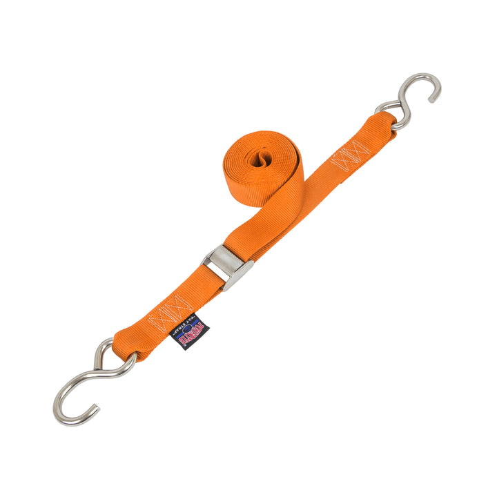 1.5in Stainless Steel Cam Buckle Straps with stainless s-hooks for boats, marine and cargo#color_orange