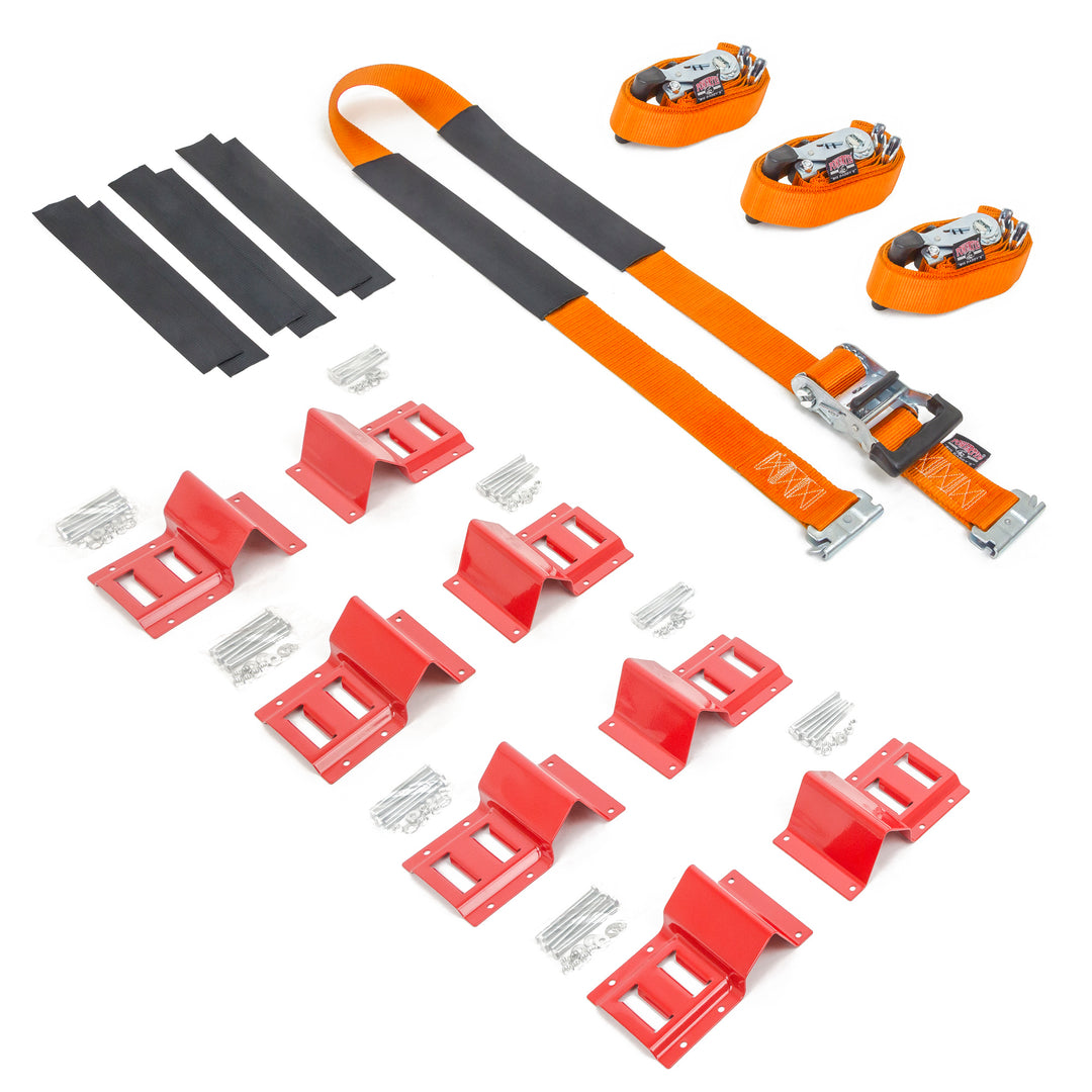 2in x 10ft E-Track Deluxe WHEEL STRAPS with E-Track Wheel Chocks and Web-Guard Covers for securing wheels on UTVs and golf carts#color_orange