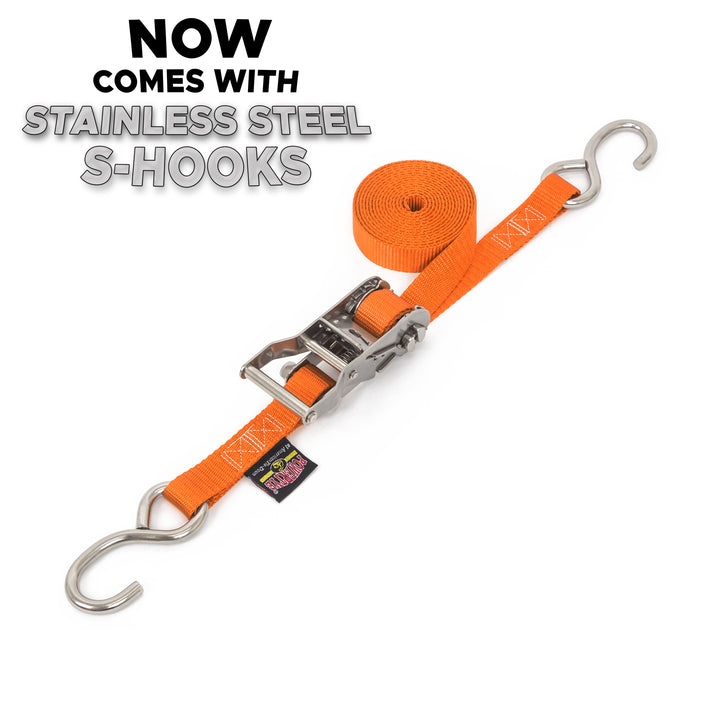Stainless Steel Ratchet Strap 1 inch x 5 feet with Stainless Hooks#color_orange