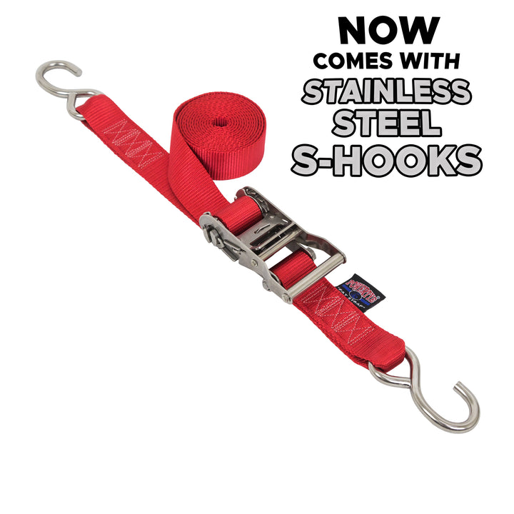 1.5 inch Stainless Steel Long Ratchet Strap with S-Hooks for boats, motorcycles and other cargo#color_red