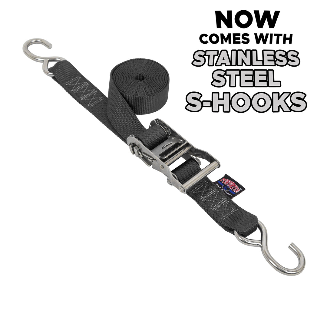 1.5 inch Stainless Steel Ratchet Long Strap with S-Hooks for boats, motorcycles and other cargo#color_black