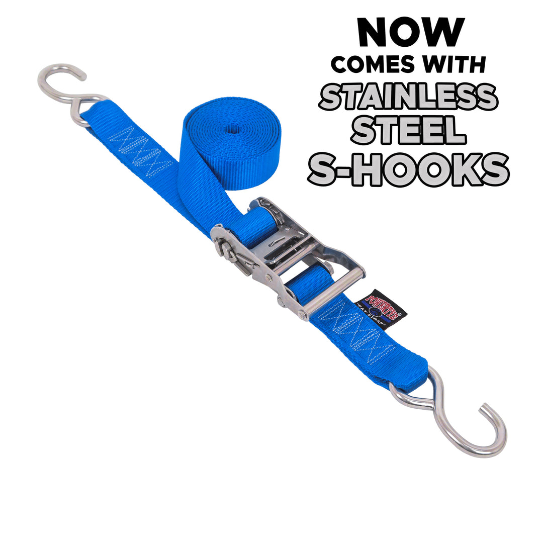 1.5 inch Stainless Steel Long Ratchet Strap with S-Hooks for boats, motorcycles and other cargo#color_blue
