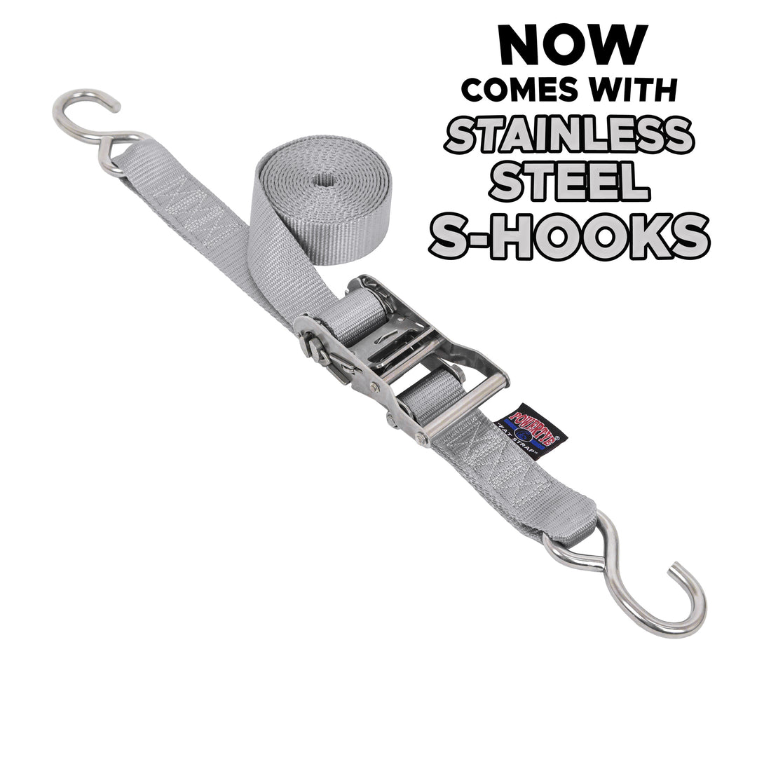 1.5 inch Stainless Steel Long Ratchet Strap with S-Hooks for boats, motorcycles and other cargo#color_silver
