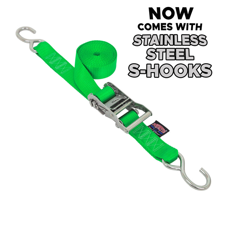 1.5 inch Stainless Steel Long Ratchet Strap with S-Hooks for boats, motorcycles and other cargo#color_green