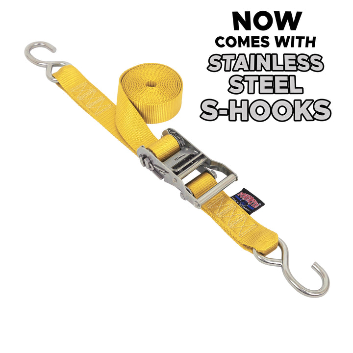 1.5 inch Stainless Steel Long Ratchet Strap with S-Hooks for boats, motorcycles and other cargo#color_yellow