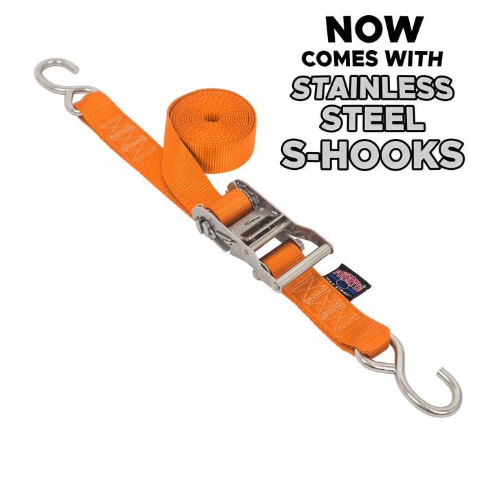 1.5 inch Stainless Steel Long Ratchet Strap with S-Hooks for boats, motorcycles and other cargo#color_orange