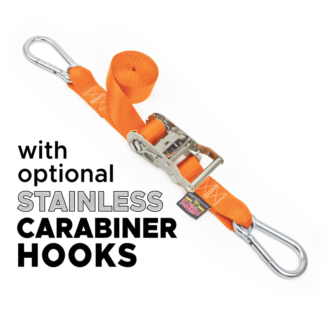 1.5 inch Stainless Steel Long Ratchet Strap with Latch Hooks for boats, motorcycles and other cargo#color_orange