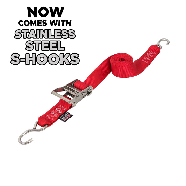 2 inch Stainless Steel Long Ratchet Strap with S-Hooks for boats, motorcycles and other cargo#color_red