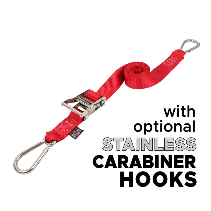 2 inch Stainless Steel Long Ratchet Strap with Carabiner Hooks for boats, motorcycles and other cargo#color_red