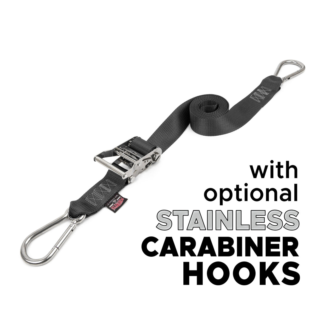 2 inch Stainless Steel Long Ratchet Strap with Carabiner Hooks for boats, motorcycles and other cargo#color_black