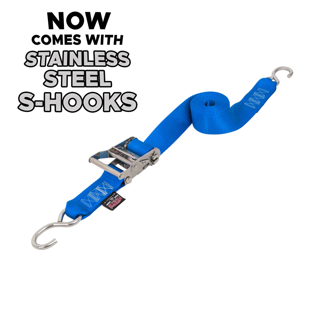 2 inch Stainless Steel Long Ratchet Strap with S-Hooks for boats, motorcycles and other cargo#color_blue