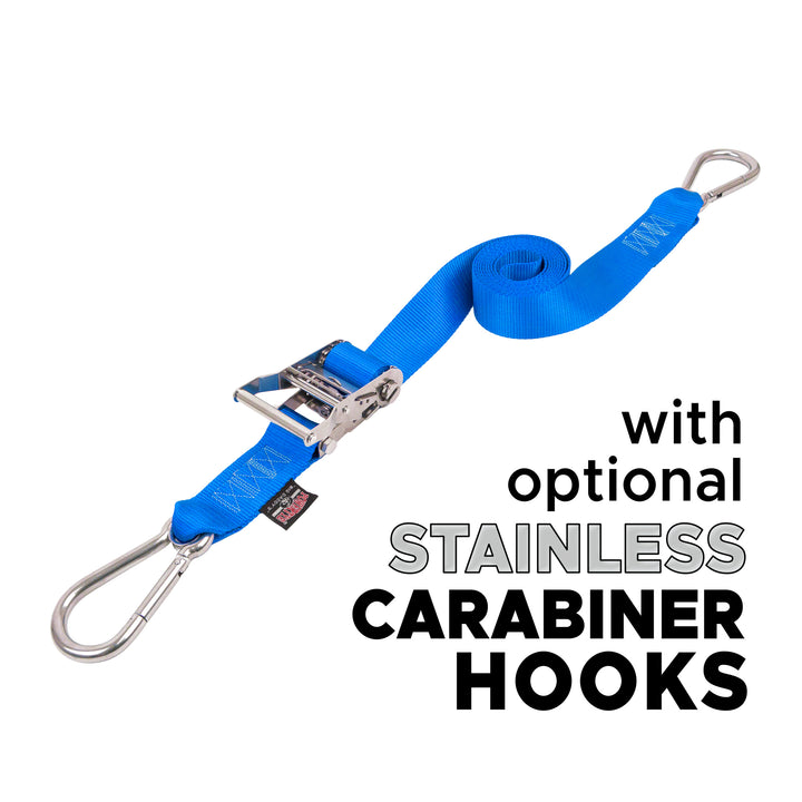 2 inch Stainless Steel Long Ratchet Strap with Carabiner Hooks for boats, motorcycles and other cargo#color_blue