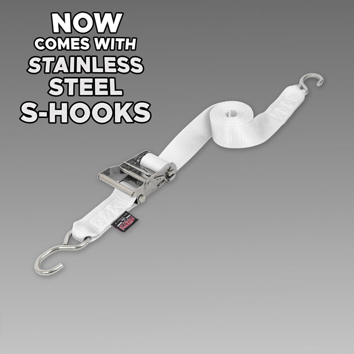 2 inch Stainless Steel Long Ratchet Strap with S-Hooks for boats, motorcycles and other cargo#color_white