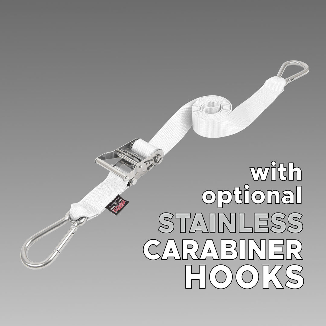 2 inch Stainless Steel Long Ratchet Strap with Carabiner Hooks for boats, motorcycles and other cargo#color_white