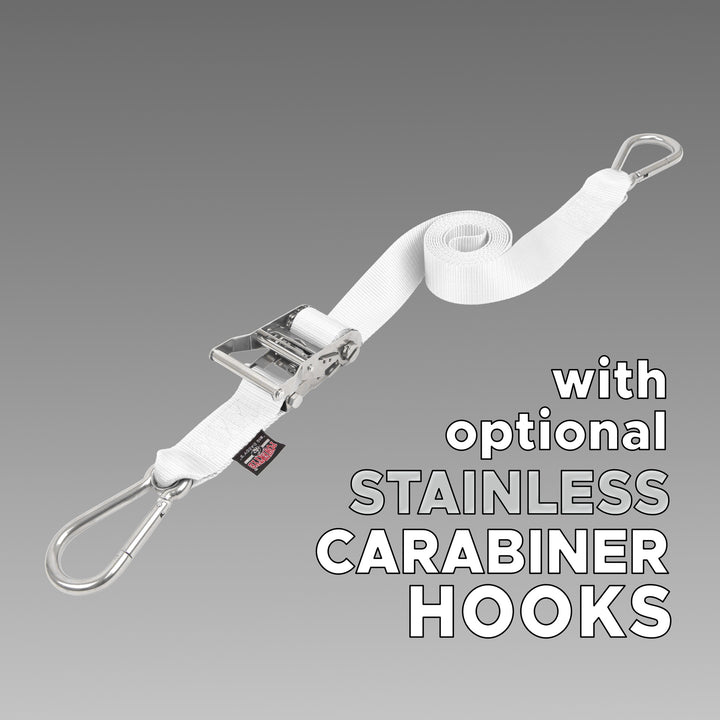2 inch Stainless Steel Long Ratchet Strap with Carabiner Hooks for boats, motorcycles and other cargo#color_white
