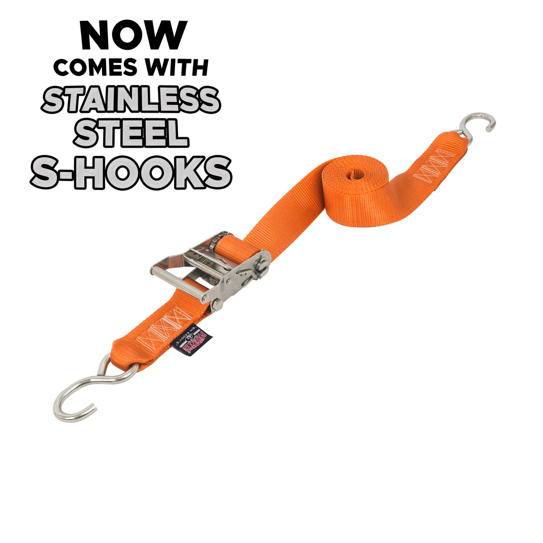 2 inch Stainless Steel Long Ratchet Strap with S-Hooks for boats, motorcycles and other cargo#color_orange