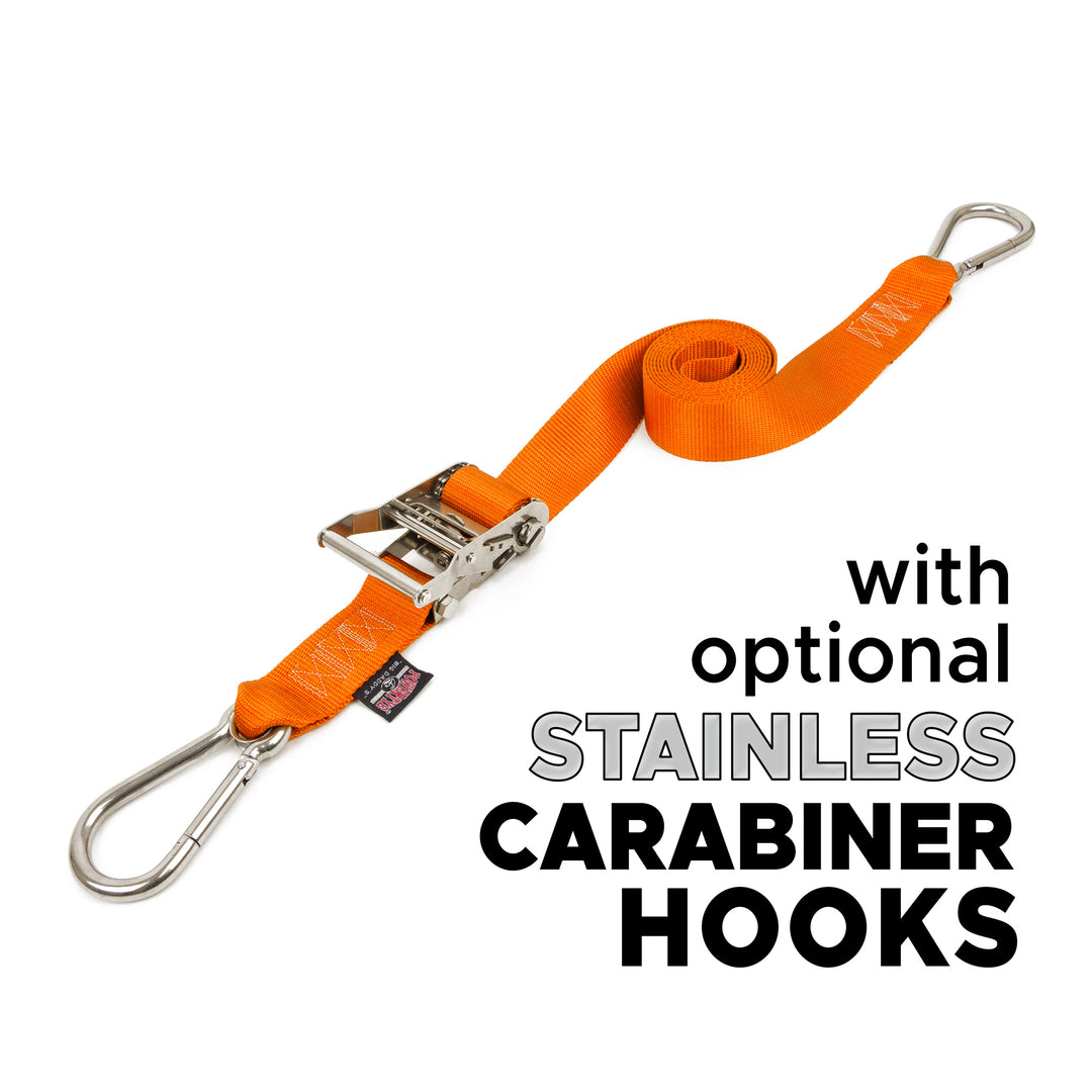2 inch Stainless Steel Long Ratchet Strap with Carabiner Hooks for boats, motorcycles and other cargo#color_orange