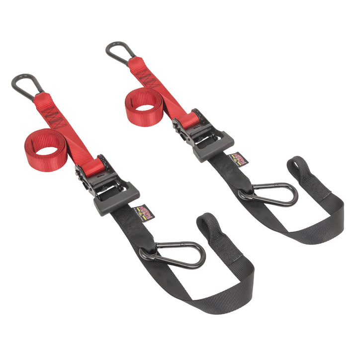 1.5in x 6.5ft Tactical Black Carabiner Ratchet Tie-downs with Soft-Tye and black hardware for motorcycles, scooters and cargo#color_red-black