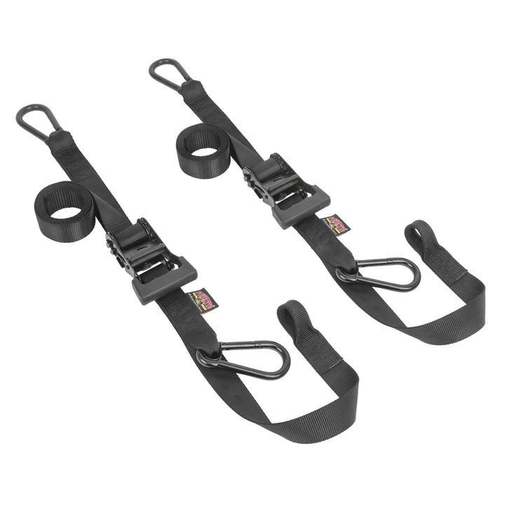 1.5in x 6.5ft Tactical Black Carabiner Ratchet Tie-downs with Soft-Tye and black hardware for motorcycles, scooters and cargo#color_black-black