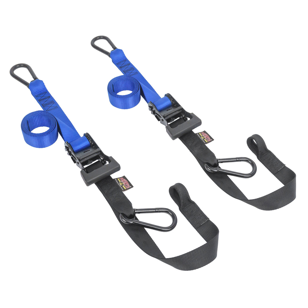 1.5in x 6.5ft Tactical Black Carabiner Ratchet Tie-downs with Soft-Tye and black hardware for motorcycles, scooters and cargo#color_blue-black