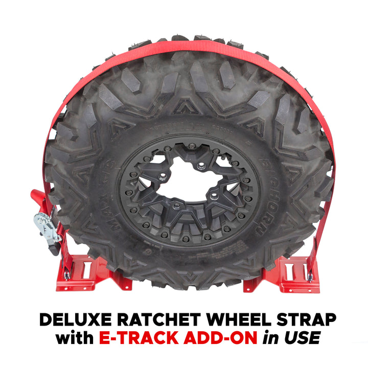 2in x 10ft E-TRACK DELUXE RATCHET STRAPS with Optional E-TRack Wheel Chock Add-On IN USE#color_red