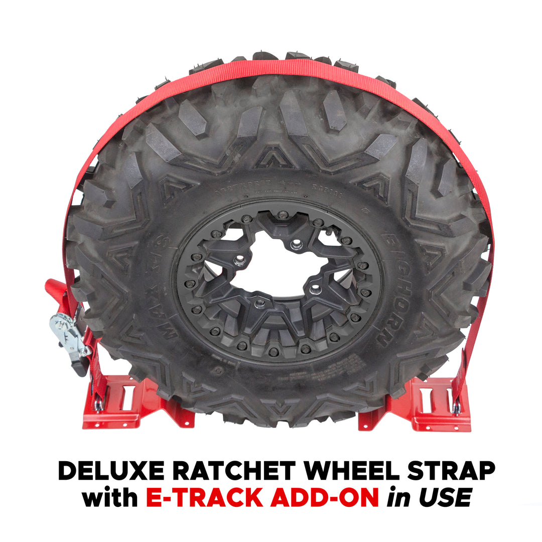 2in x 10ft E-TRACK DELUXE RATCHET STRAPS with Optional E-TRack Wheel Chock Add-On IN USE#color_black